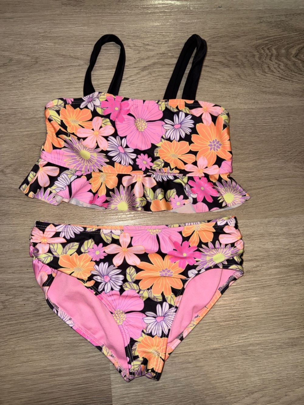 wonder nation Girls Floral Two-Piece Bikini in Black, Pink & Orange